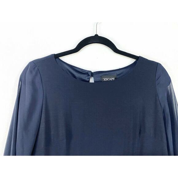 Xscape Evening Dress Women's 6 Blue With Silver Accent Mesh Sleeves Knee Length - Picture 5 of 10